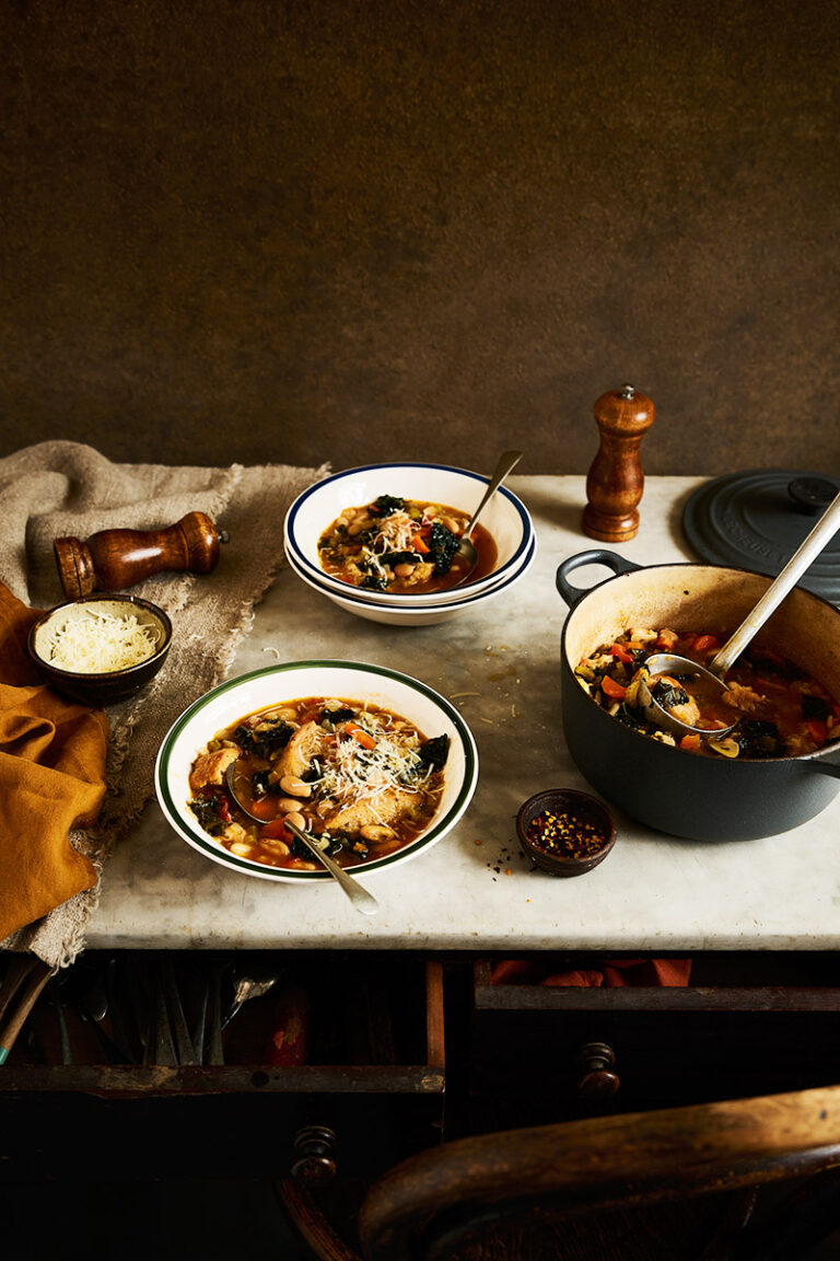 Ribollita tuscan bean soup by UK food photographer and food stylist Rob Morris, using up stale bread.